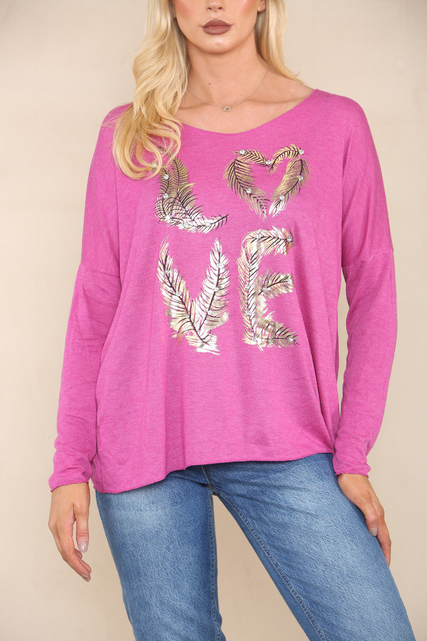 DIAMANTE FEATHER LOVE FINE KNIT JUMPER CERISE