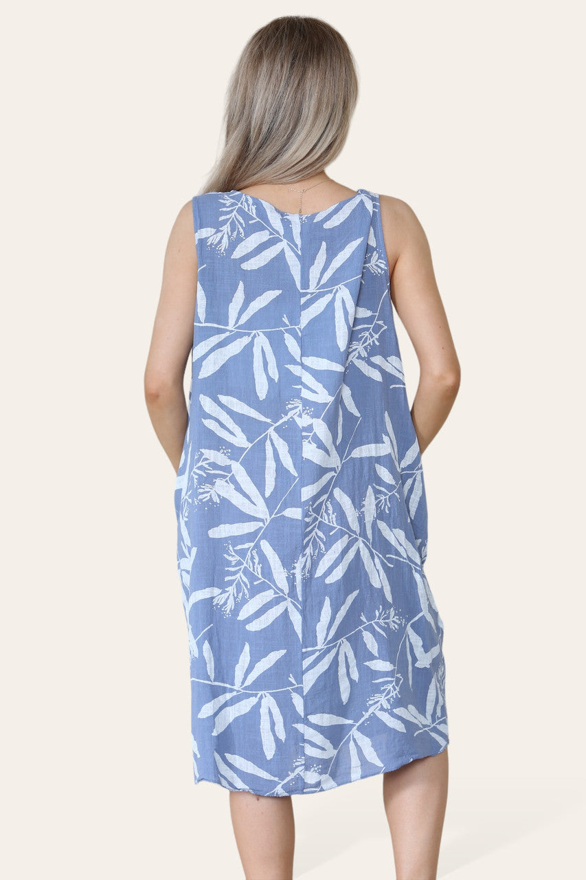 BLAD SCHADUW PRINT MOUWLOZE JURK DENIM