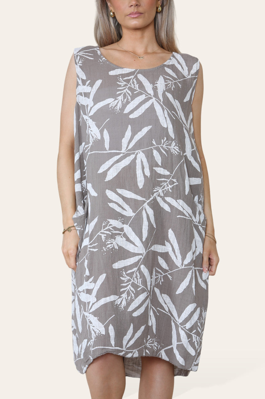 BLADSCHADUW PRINT MOUWLOZE JURK TAUPE