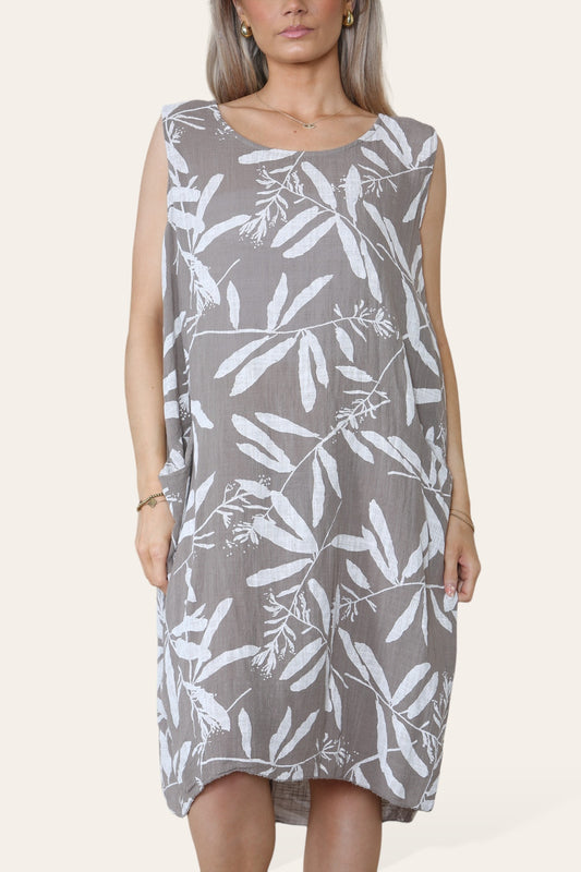 LEAF SHADOW PRINT SLEEVELESS DRESS TAUPE