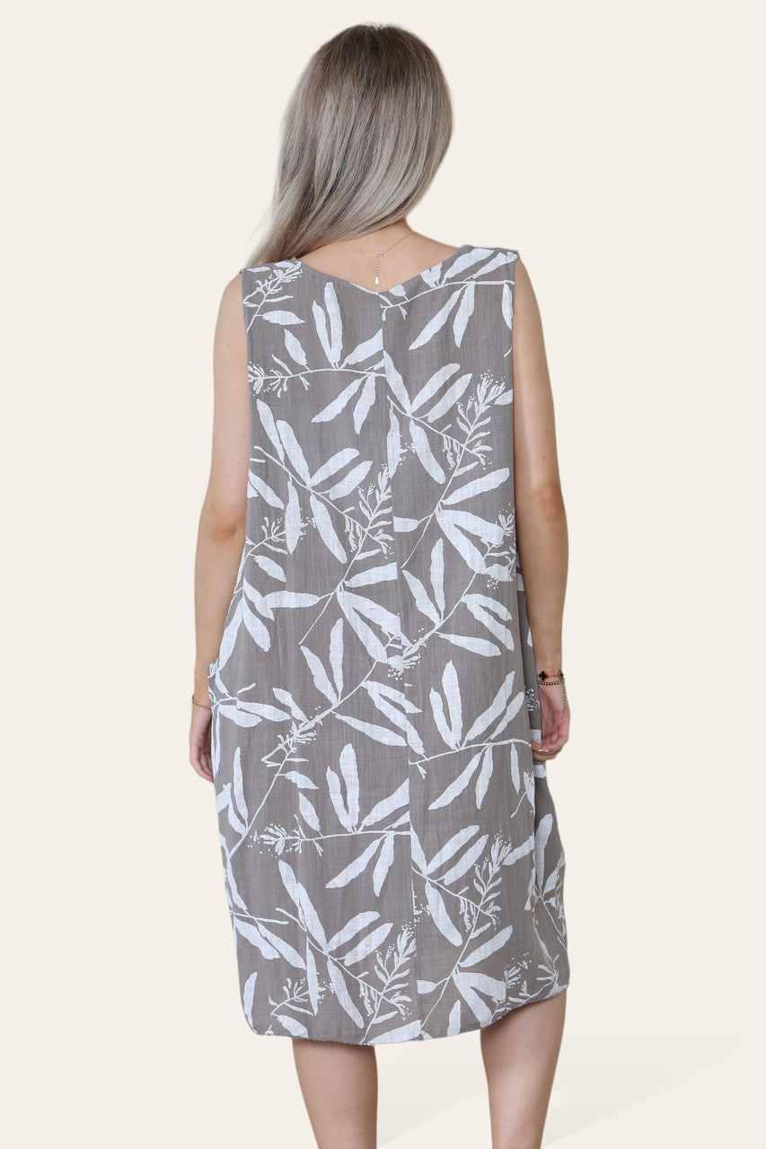 BLADSCHADUW PRINT MOUWLOZE JURK TAUPE