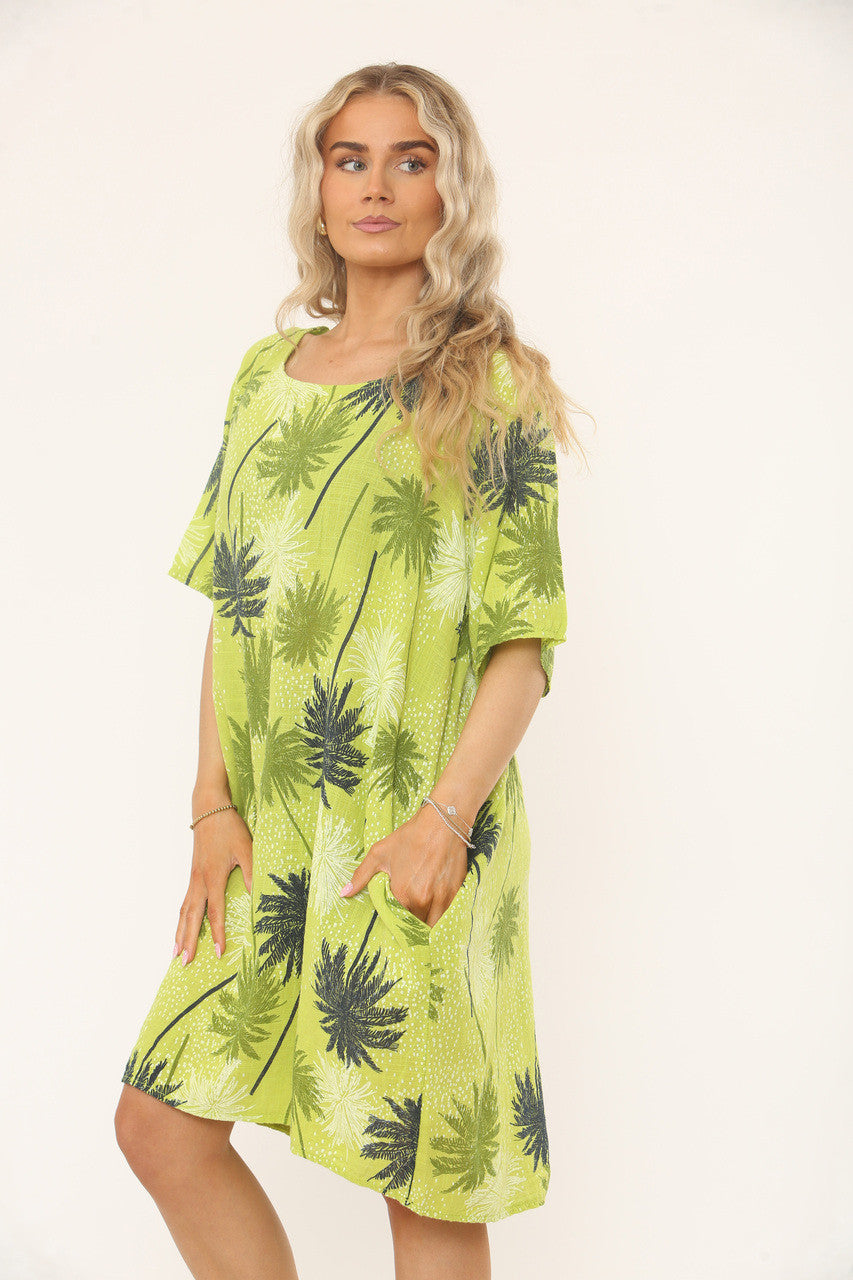PALM PRINT RELAXED FIT DRESS - CHARTREUSE