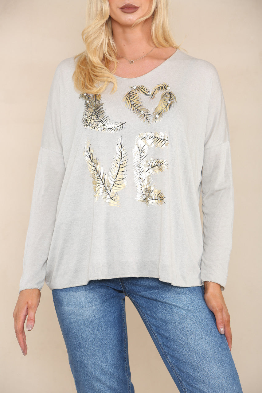 DIAMANTE FEATHER LOVE FINE KNIT JUMPER STONE