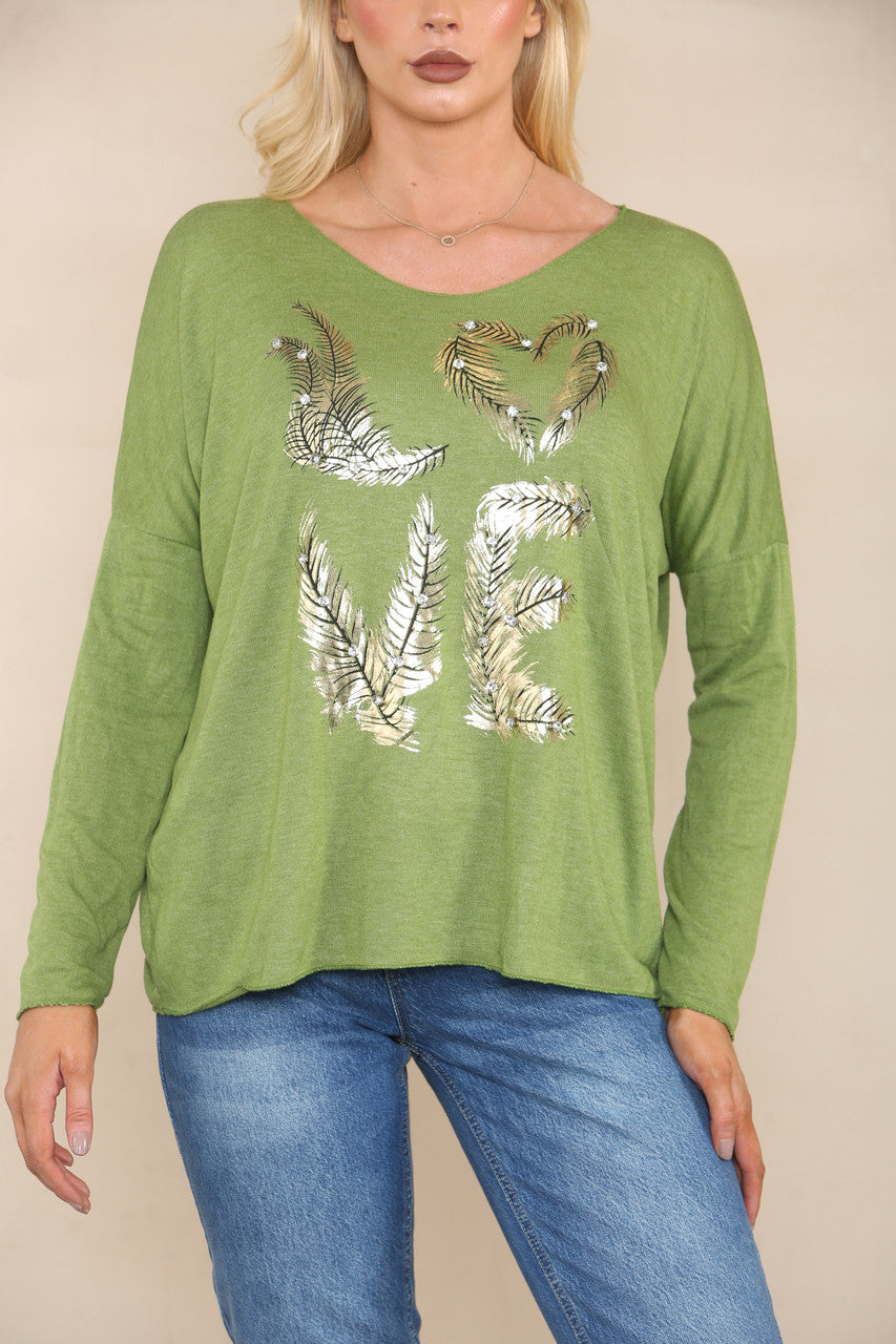 DIAMANTE FEATHER LOVE FINE KNIT JUMPER LIME