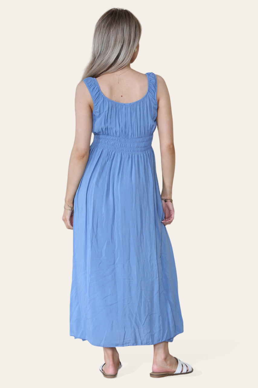 BLOEMEN BORDUUR MAXI GEPLOOIDE JURK DENIM