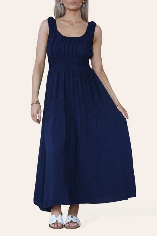 FLORAL EMBROIDERED MAXI ELASTICATED DRESS NAVY