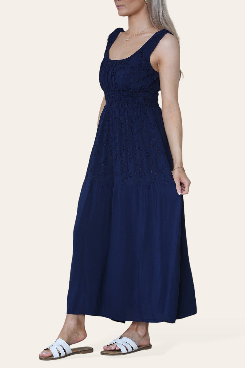 MAXI JURK MET BLOEMENBORDUURSEL EN ELASTIEK MARINEBLAUW