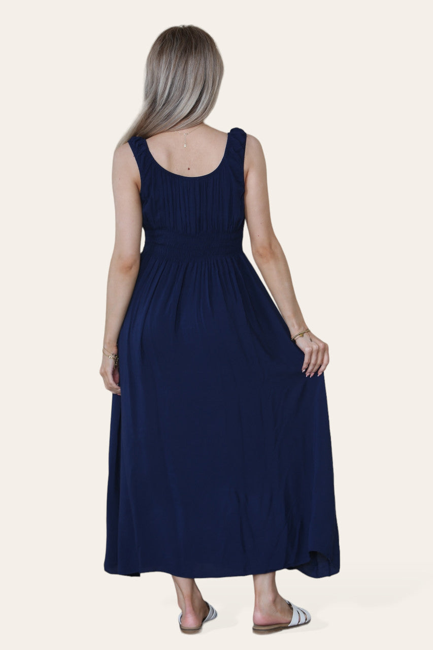 MAXI JURK MET BLOEMENBORDUURSEL EN ELASTIEK MARINEBLAUW