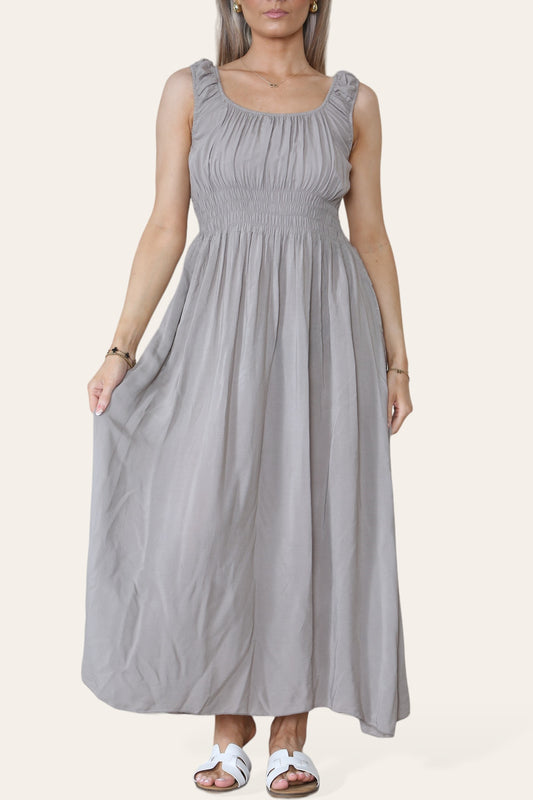 FLORAL EMBROIDERED MAXI ELASTICATED DRESS TAUPE