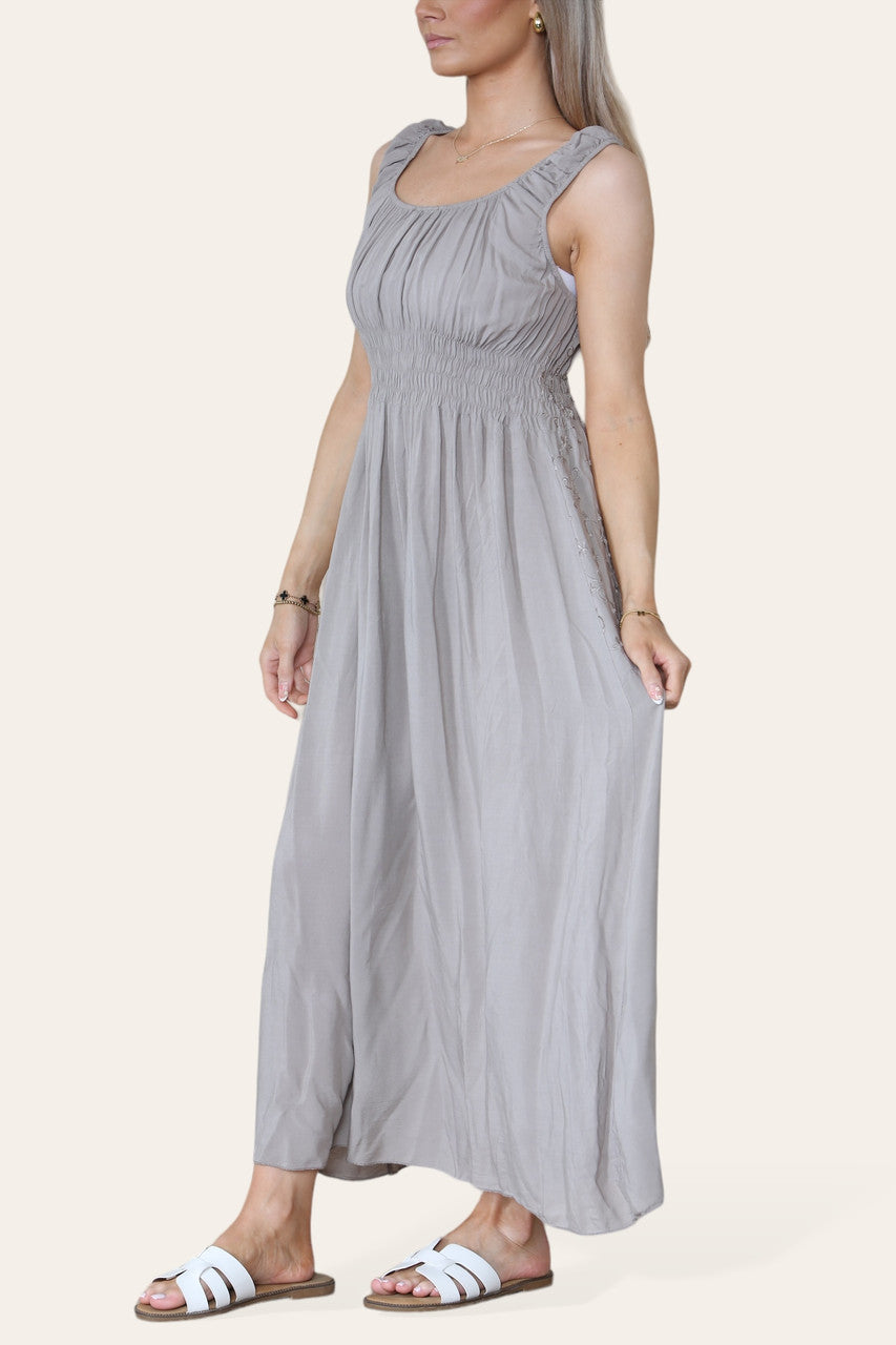 FLORALE GEBORDUURDE MAXI JURK MET ELASTIEK TAUPE