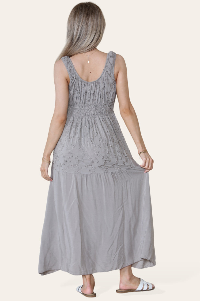 FLORALE GEBORDUURDE MAXI JURK MET ELASTIEK TAUPE