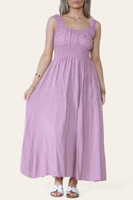FLORAL EMBROIDERED MAXI ELASTICATED DRESS DUSTY PINK