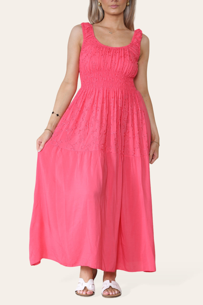 BLOEMGEBORDUURDE MAXI JURK MET ELASTIEK TAILLE CERISE