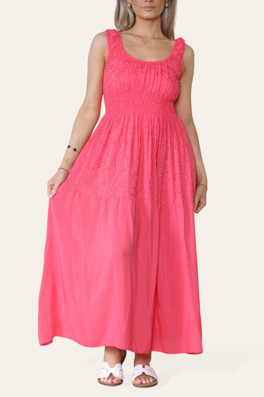 FLORAL EMBROIDERED MAXI ELASTICATED DRESS CERISE
