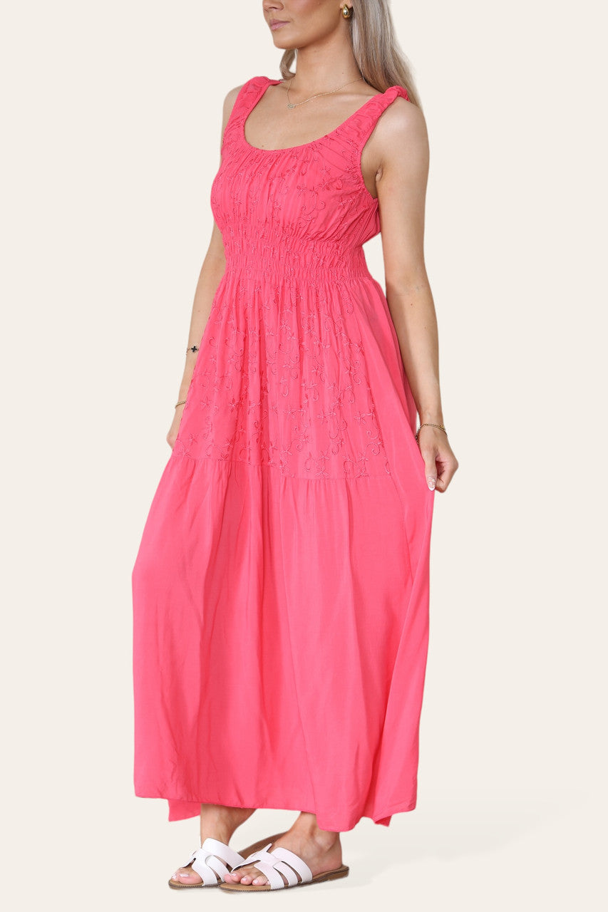 BLOEMGEBORDUURDE MAXI JURK MET ELASTIEK TAILLE CERISE