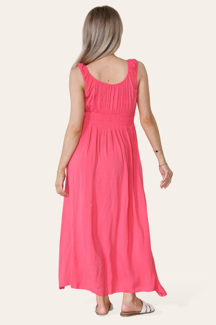 BLOEMGEBORDUURDE MAXI JURK MET ELASTIEK TAILLE CERISE