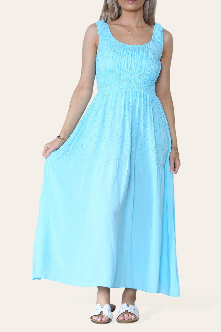 GEBORDUURDE MAXI JURK MET BLOEMENMOTIEF EN ELASTISCHE BAND TURQUOISE