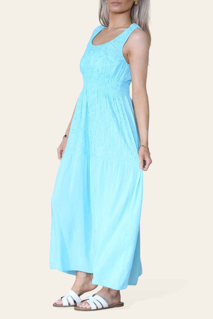 GEBORDUURDE MAXI JURK MET BLOEMENMOTIEF EN ELASTISCHE BAND TURQUOISE