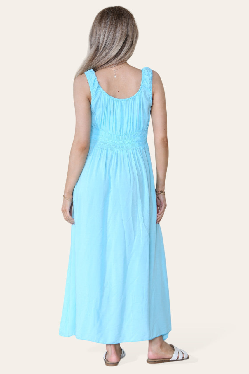 GEBORDUURDE MAXI JURK MET BLOEMENMOTIEF EN ELASTISCHE BAND TURQUOISE