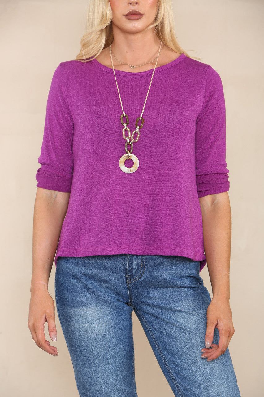 BUTTON BACK DETAIL FINE KNIT JUMPER WITH NECKLACE PURPLE