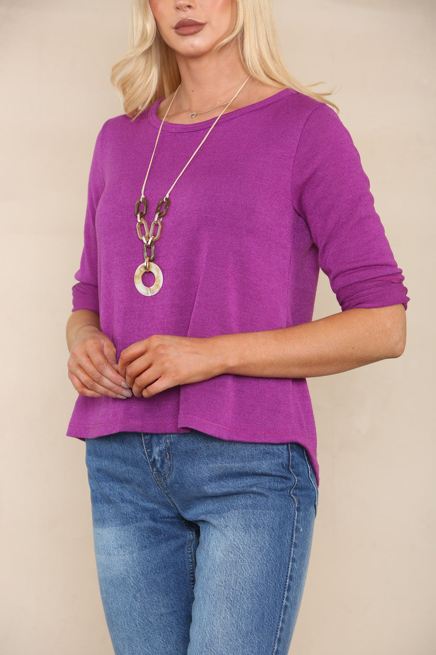 BUTTON BACK DETAIL FINE KNIT JUMPER WITH NECKLACE PURPLE