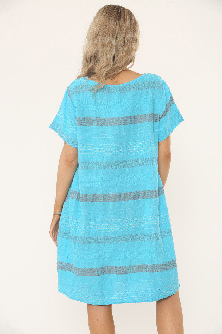 STRIPE STITCH DETAIL RELAXED FIT DRESS - TURQUOISE