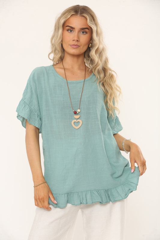RUFFLE SLEEVE & HEM TEXTURED TOP - TIFFANY