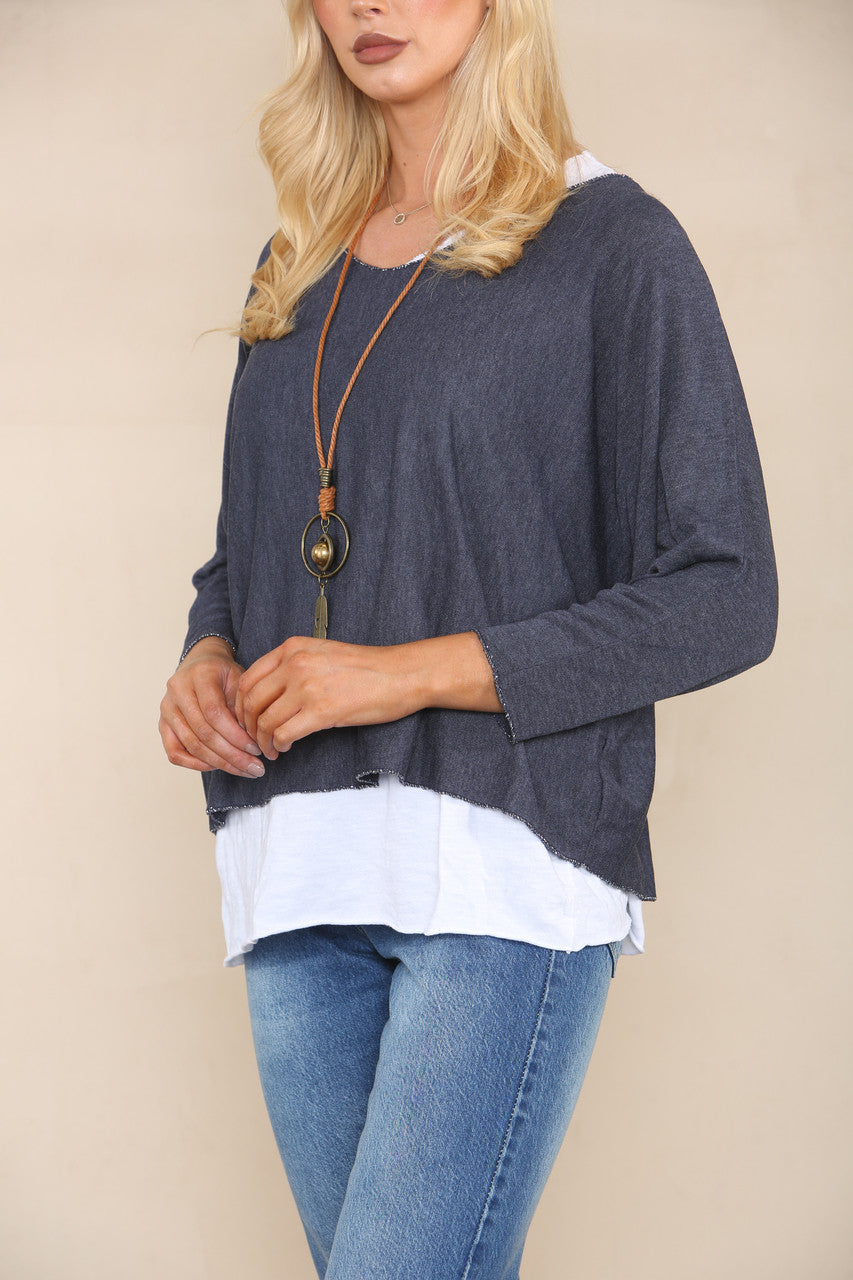 DOUBLE LAYER TOP WITH NECKLACE NAVY