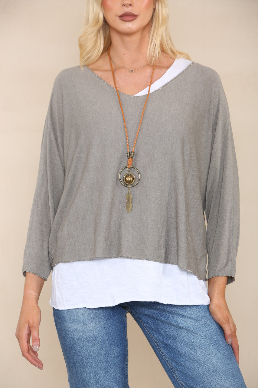 DOUBLE LAYER TOP WITH NECKLACE TAUPE