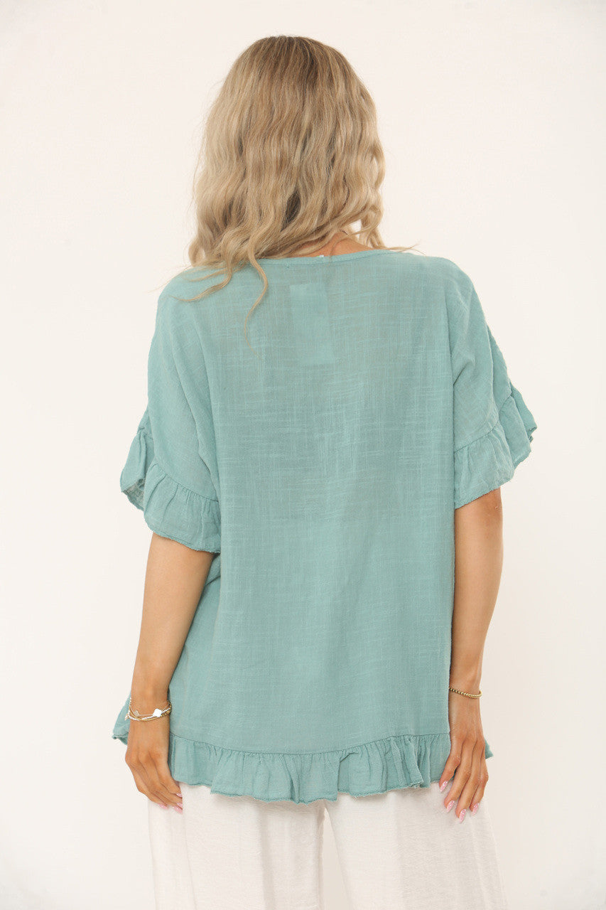 TOP MET ROEZELMOUWEN EN -ZOOM MET TEXTUUR - TIFFANY