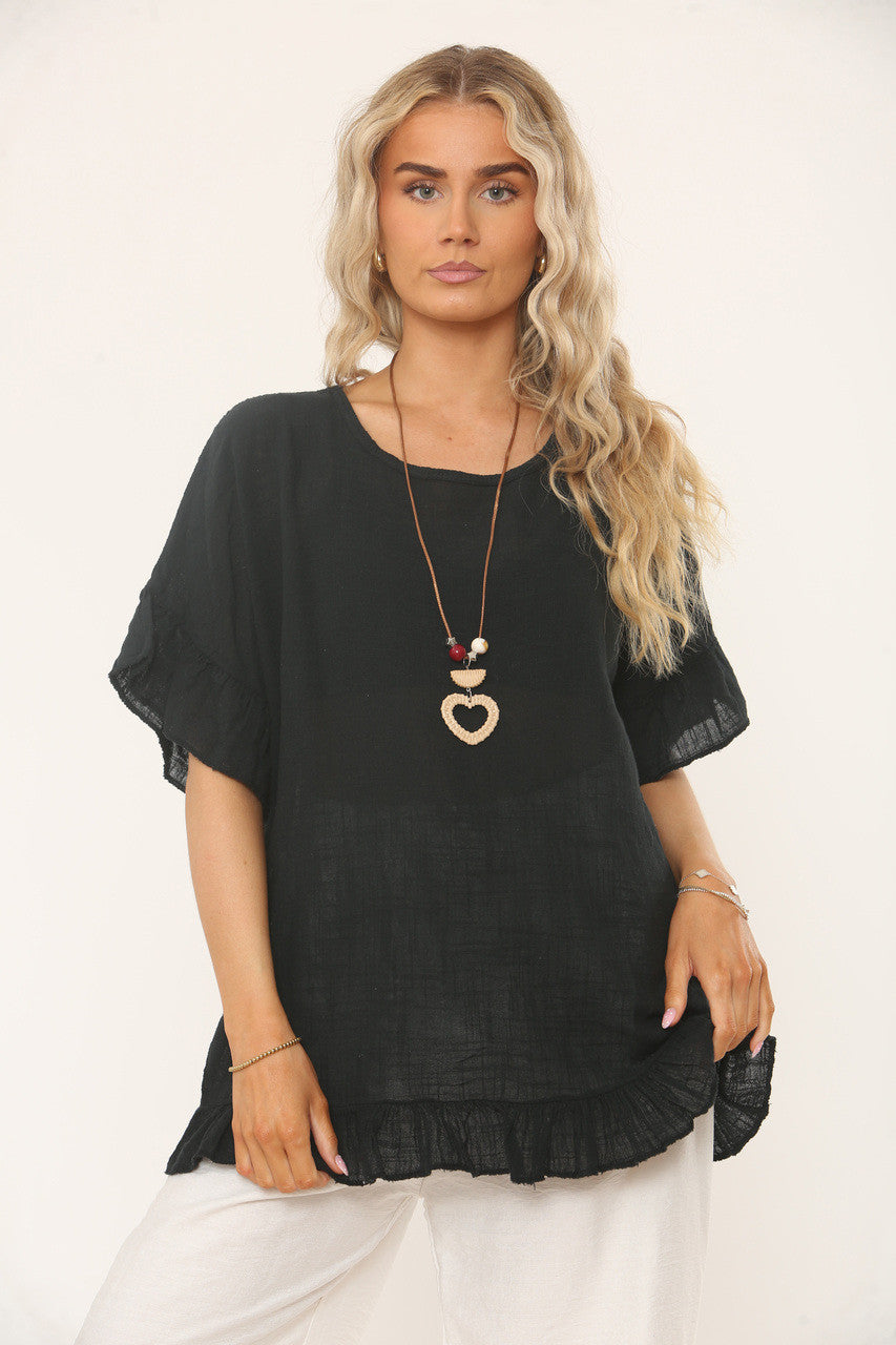 TOP MET RUFFLE MOUW EN ZOOM MET TEXTUUR - ZWART