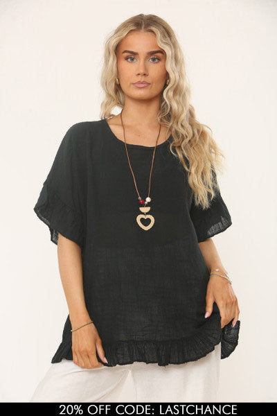 TOP MET RUFFLE MOUW EN ZOOM MET TEXTUUR - ZWART
