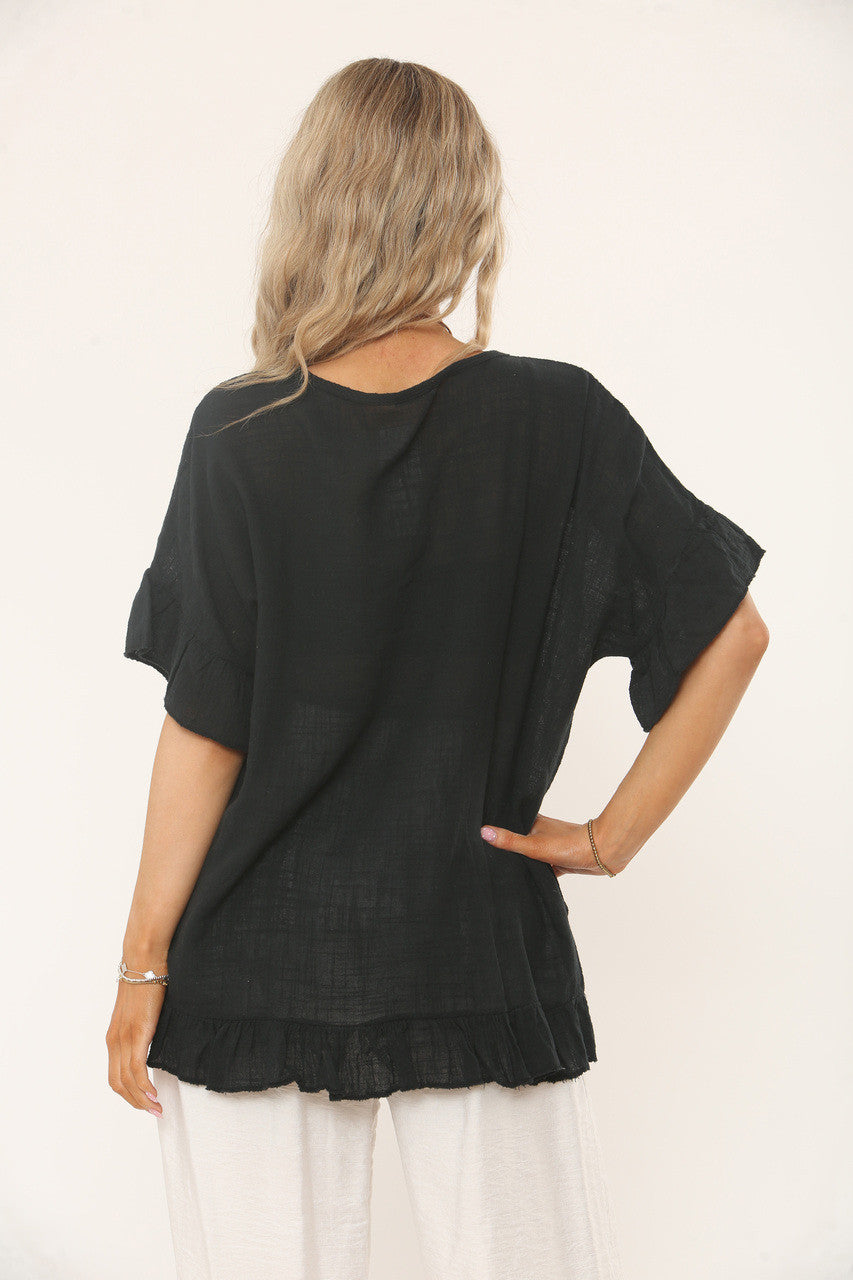 TOP MET RUFFLE MOUW EN ZOOM MET TEXTUUR - ZWART