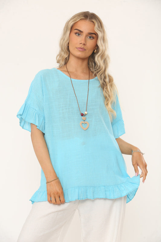 RUFFLE SLEEVE & HEM TEXTURED TOP - TURQUOISE
