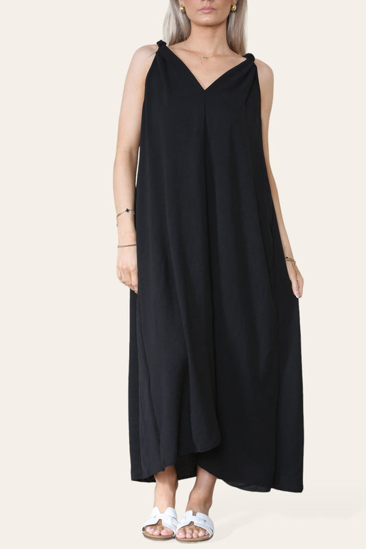 RUCHED STRAP SLEEVELESS MAXI DRESS BLACK