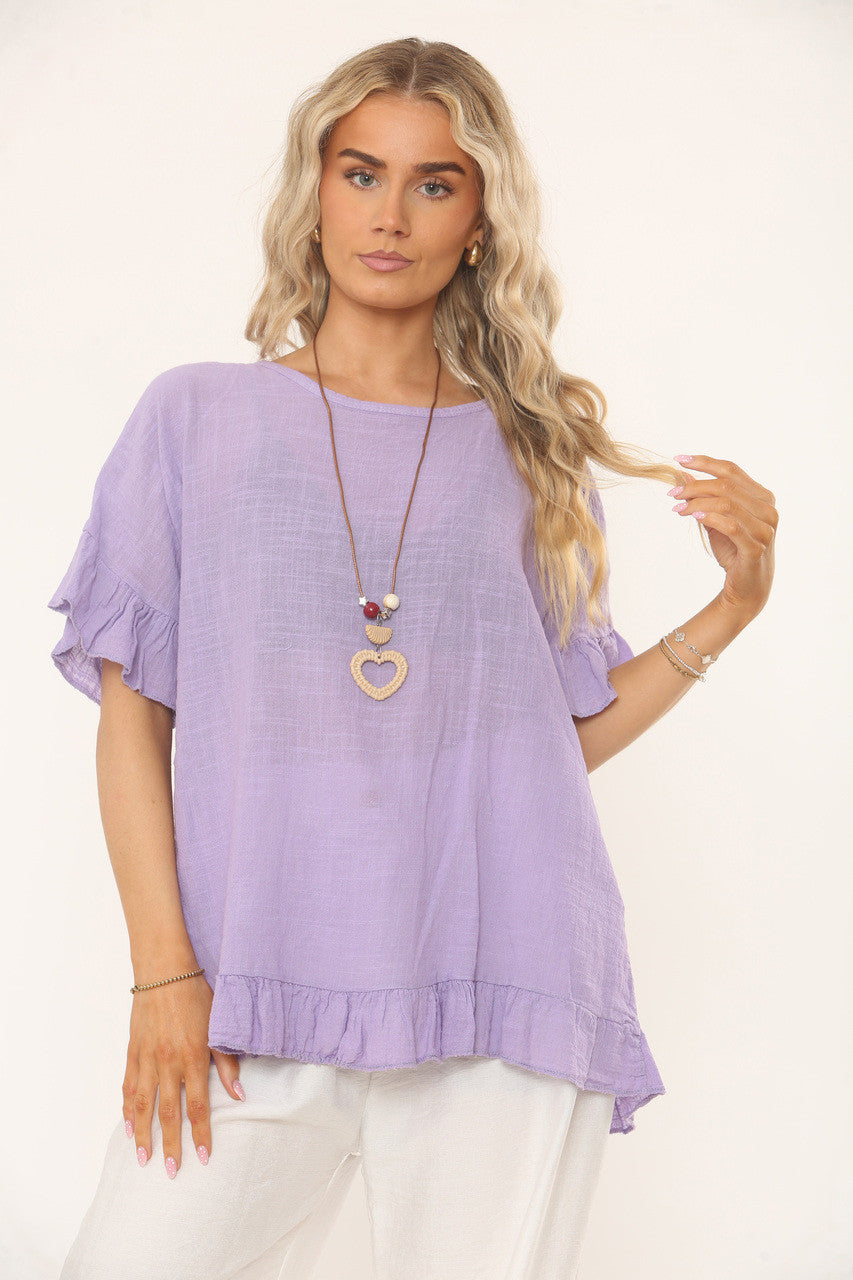 TOP MET STRUCTUUR, RUFFLEMOUW EN RUFFELZOOM - LILA