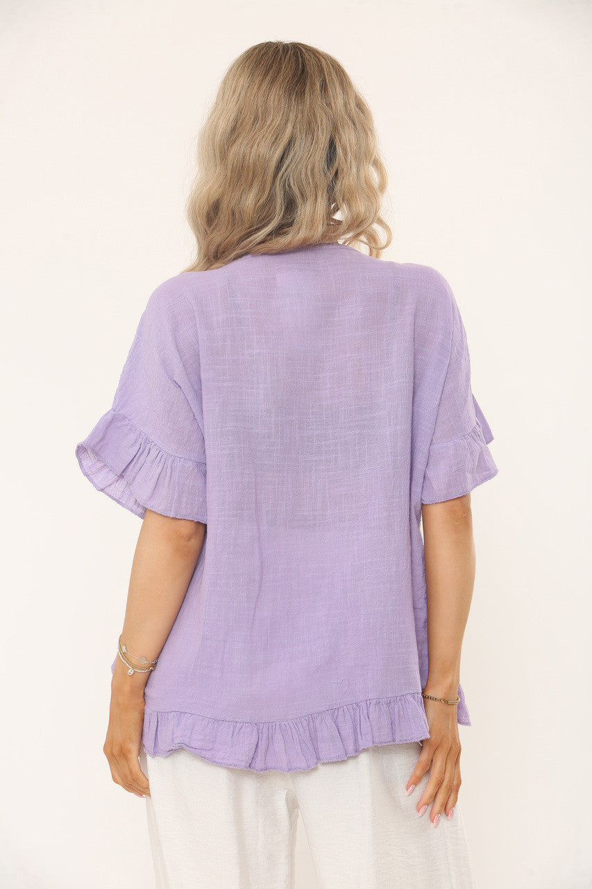 TOP MET STRUCTUUR, RUFFLEMOUW EN RUFFELZOOM - LILA