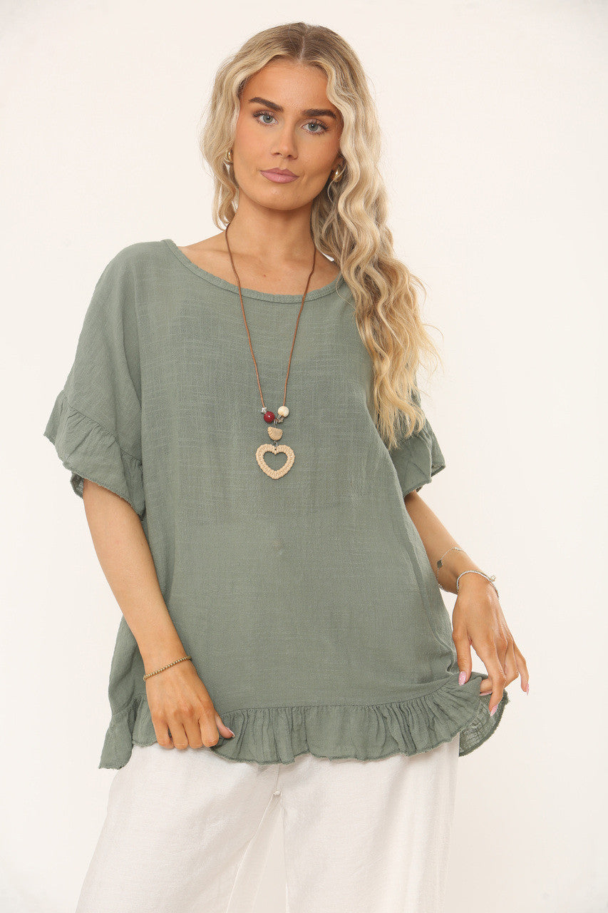 TOP MET RUFFLEMOUW EN ZOOM & TEXTUUR - KHAKI