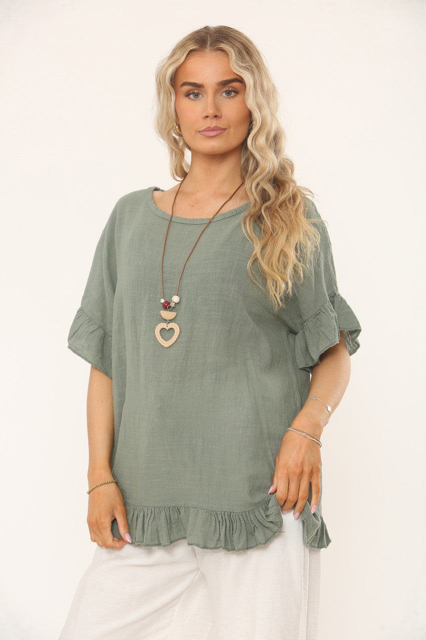 TOP MET RUFFLEMOUW EN ZOOM & TEXTUUR - KHAKI