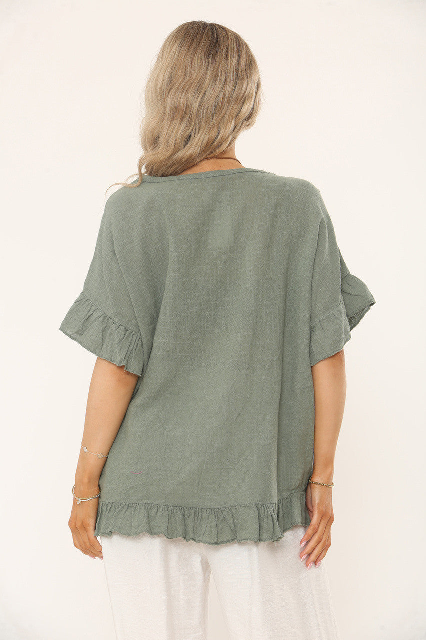 TOP MET RUFFLEMOUW EN ZOOM & TEXTUUR - KHAKI