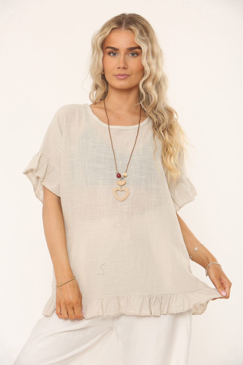 TOP MET RUFFLEMOUW EN -ZOOM EN TEXTUUR - STEENKLEUR