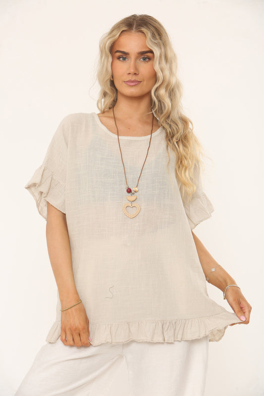 RUFFLE SLEEVE & HEM TEXTURED TOP - STONE