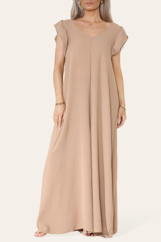 MAXI JUMPSUIT MET STRIKSLUITING TAN
