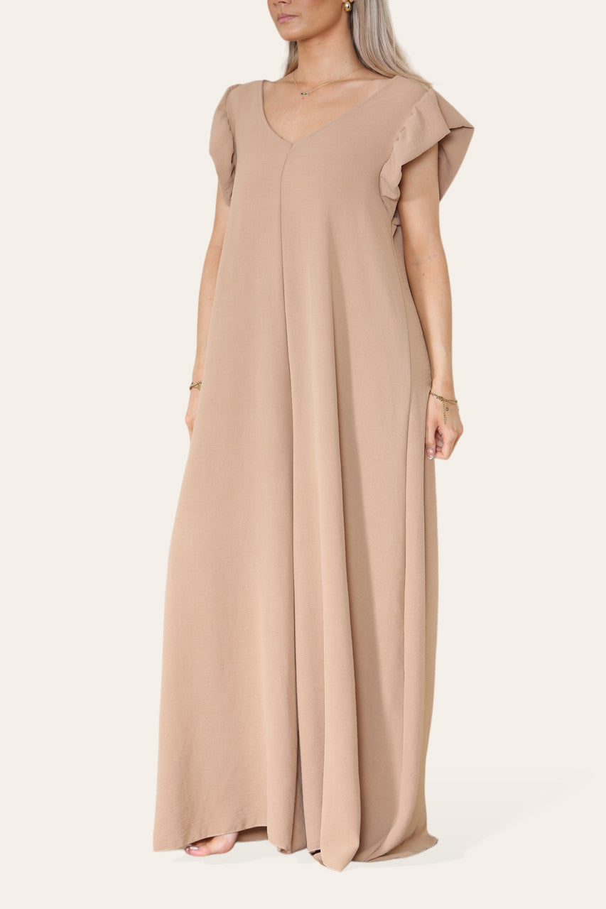 MAXI JUMPSUIT MET STRIKSLUITING TAN