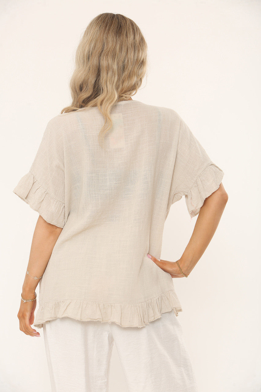 TOP MET RUFFLEMOUW EN -ZOOM EN TEXTUUR - STEENKLEUR