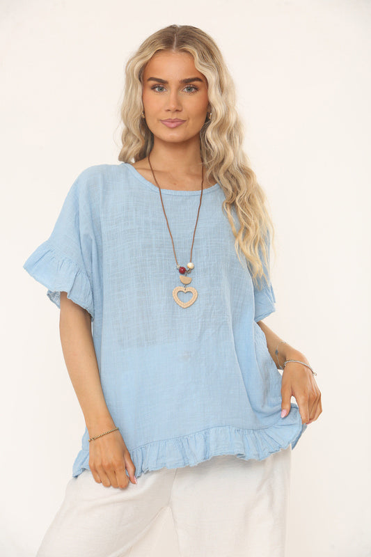 RUFFLE SLEEVE & HEM TEXTURED TOP - LIGHT BLUE