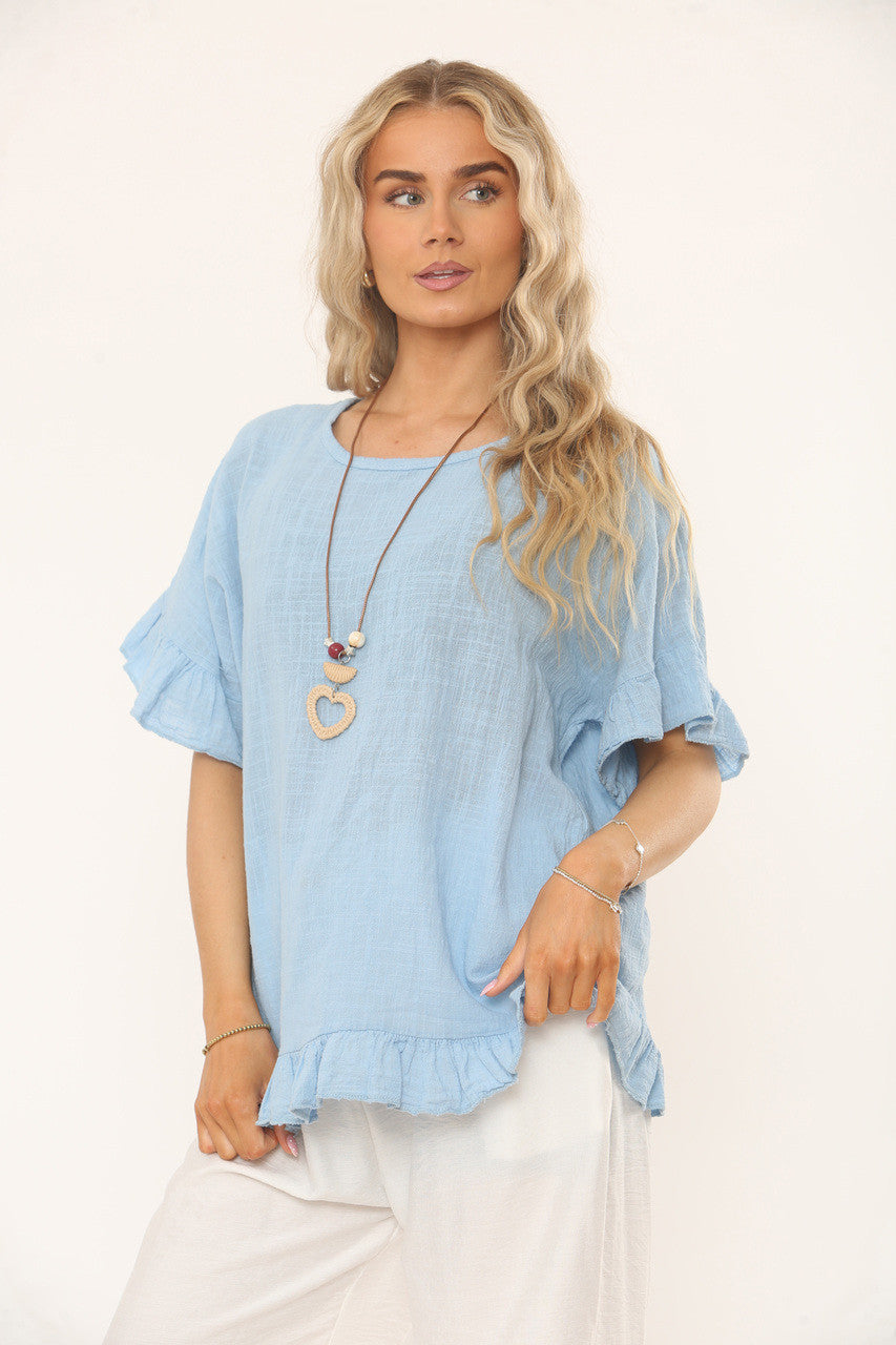 TOP MET RUFFLE MOUWEN EN ONDERKANT MET TEXTUUR - LICHTBLAUW