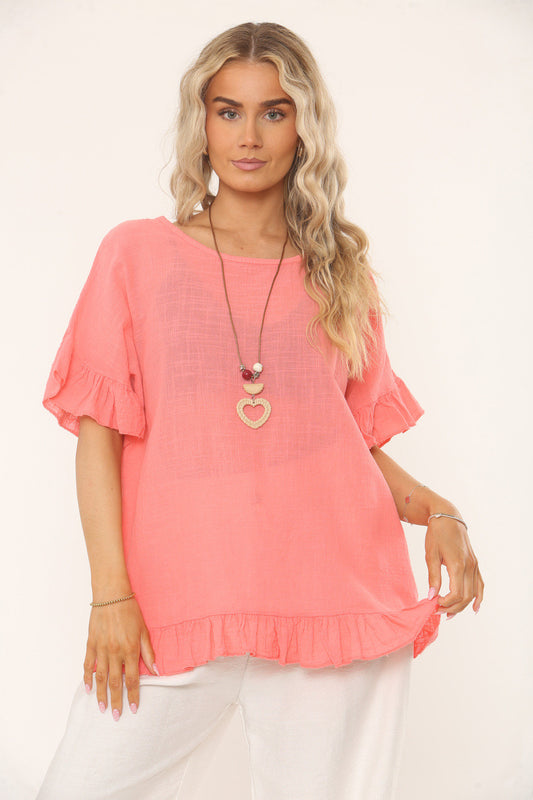 RUFFLE SLEEVE & HEM TEXTURED TOP - CORAL