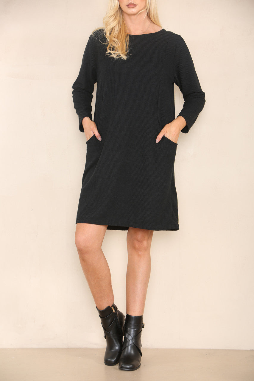 RIBBED DRESS WITH POCKETS BLACK