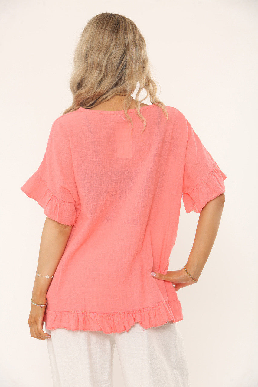 TOP MET RUFFLEMOUW EN TEXTUUR - KORAAL
